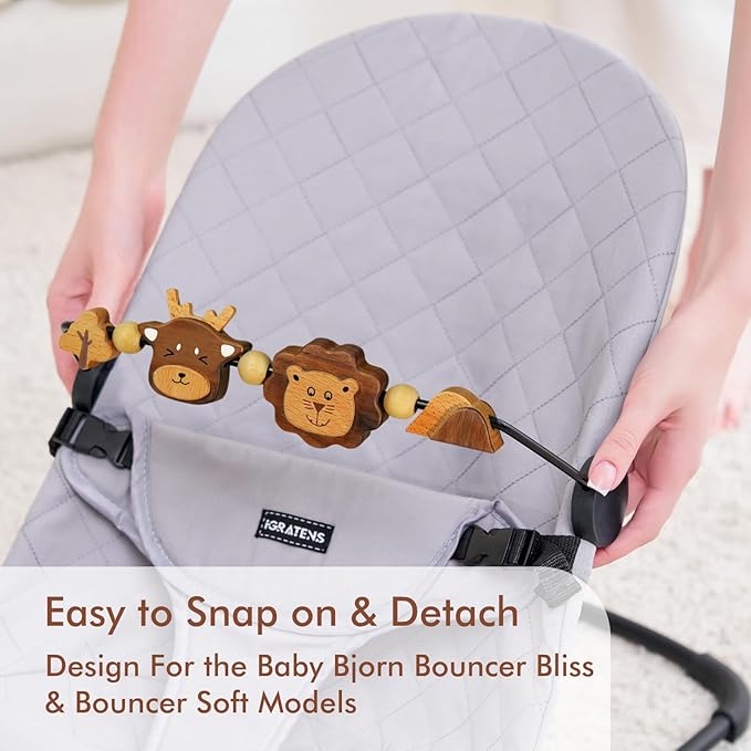 iGRATENS Three-Dimensional Baby Bjorn Bouncer Toy Bar, Toy for Baby Bouncer Soft & Bliss, Easy to Attach and Remove, 360°Rotating Natural Wooden Toys, Double-Sided Raised Design, Lion & Deer