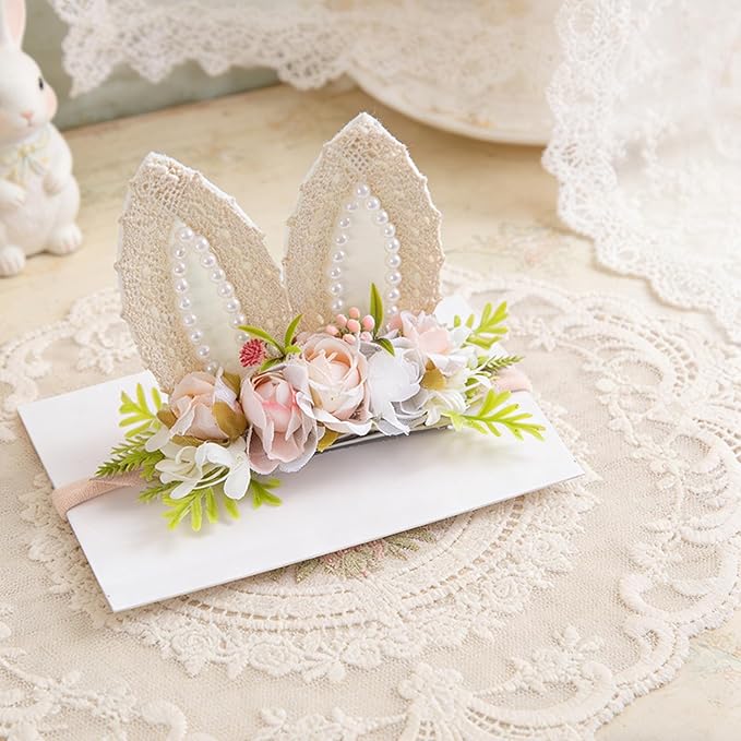 KIDOCHEESE Baby Girl Floral Easter Bunny Ears Headband Rabbit Ears Nylon Hairband for Newborn Infant Toddler Easter Hair Accessories Gift