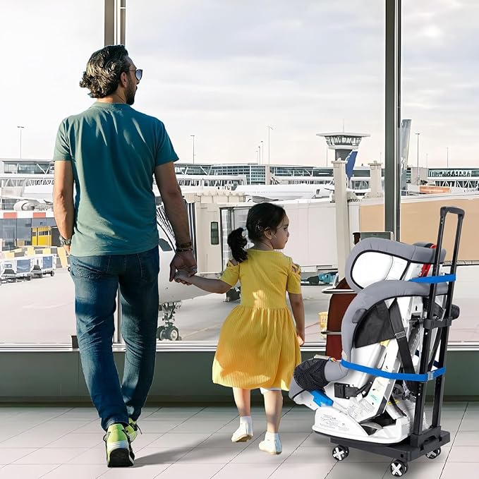 Car Seat Travel Cart for Airport, Car Seat Dolly Carseat Roller Foldable Car Seat Carrier Dolly with Blue Straps Trolley Luggage Cart for Transport (Black)