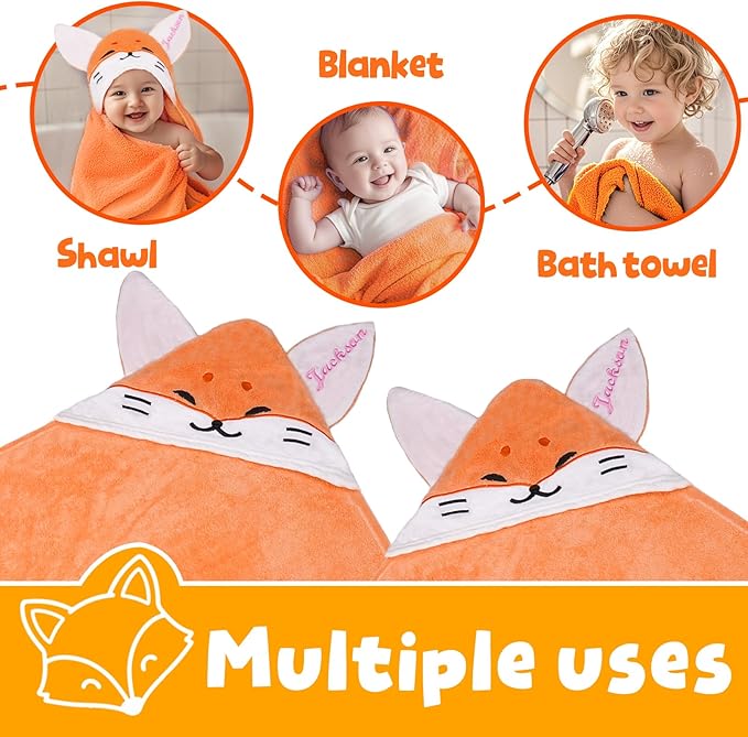 Custom Hooded Baby Towels with Name, Personalized Bunny Easter Gifts for Toddlers, Custom Baby Bath Towels for Newborn, Ultra Soft and Absorbent, Ideal for Girl Boy (Fox)