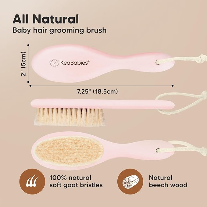 Wooden Baby Hair Brush for Toddler Girls, Boys - Cradle Cap Brush for Babies, Soft Goat Bristles, Perfect Gentle Scalp Newborn Comb for Infant, Girls, Boys, Bath Essentials(Blush, Regular)