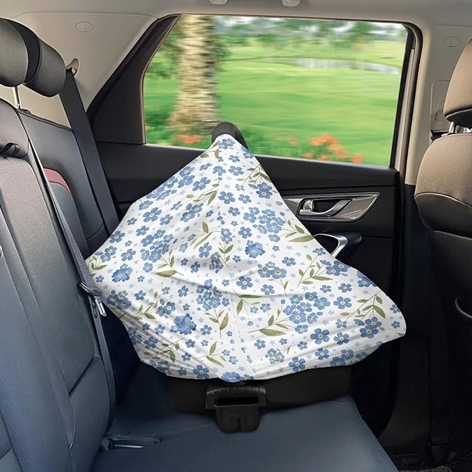 Biyejit Blue Floral 5-in-1 Car Seat Cover for Baby Girl Cow Lover Gift, Privacy Breastfeeding Nursing Cover, Newborn Infant Multi-use Carseat Canopy Carrier