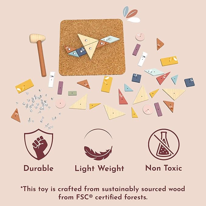 SPEEDY MONKEY Hammer & Nail Game for Kids 36m+ | Wooden Corkboard Pounding & Hammering Toy with Flash Cards | Fine Motor & Imaginative Play Activity | Construction Tool Playset for Girls & Boys