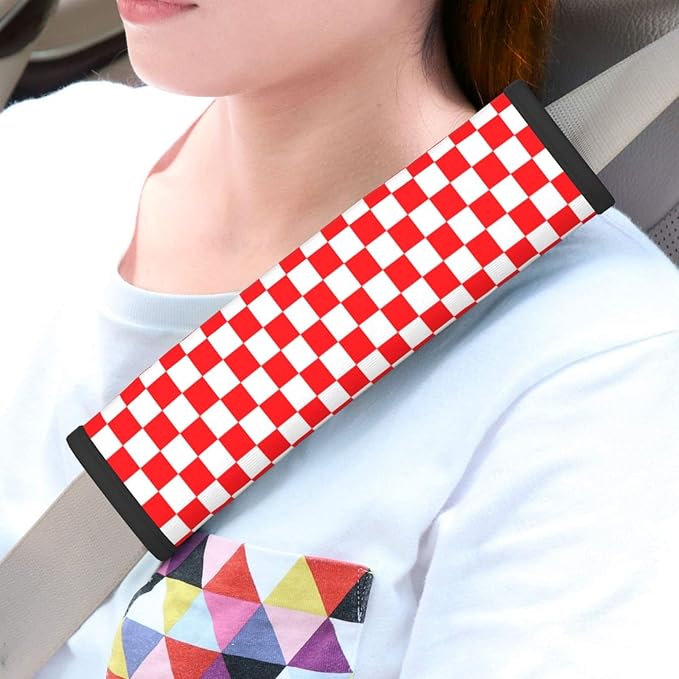 Red White Checkered Print Seatbelt Pads Fits Cars Trucks SUV Sedans Sweat Absorption Car Seatbelt Strap Cover, Simple Style Auto Interior Accessories Protector