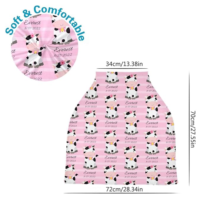 Personalized Baby Car Seat Cover for Babies, Custom Name Baby Car Seats Canopy for Girls, Nursing Breastfeeding Stroller Covers for Infant Newborn, Shower Gift for Baby (Cute Cow Pink)