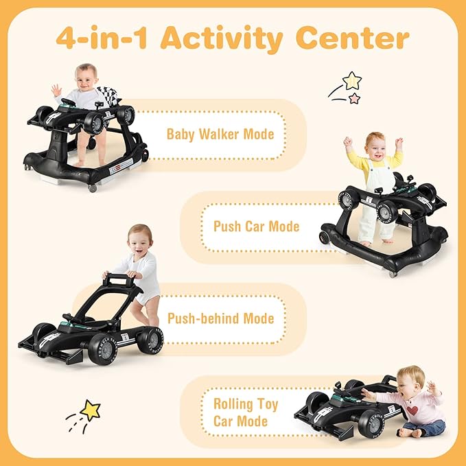 GLACER Foldable Baby Walker, 4-in-1 Infant Walker with Adjustable Height & Speed, Music, Light, Steering Wheel & Washable Cushion, Baby Walker Activity Center for Boys Girls 6 –18 Months (Black)