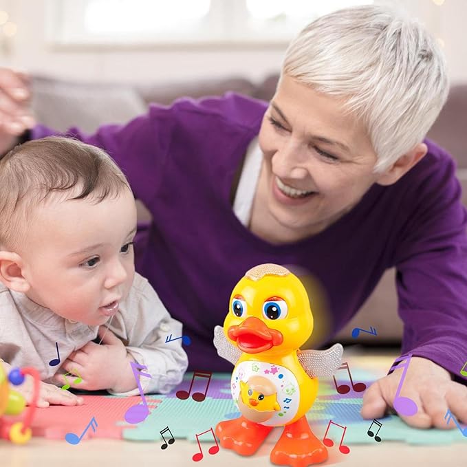 Duck Toy for, Dancing Yellow Duck, Battery-Operated Cartoon Animal with LED Light, for Early Crawling Practice Stroller Floor Exploration Playtime Home Car Seat