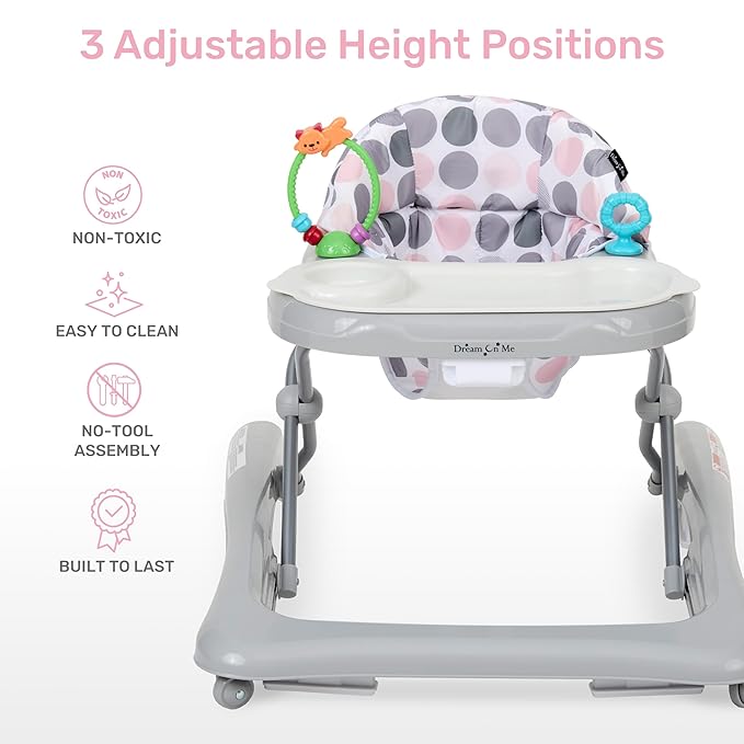 Dream On Me Mia Foldable Baby Walker in Grey, Foldable Walker with Adjustable Heights, Removable, Machine Washable High-Back Padded Seat, Suitable for 6-12 Months