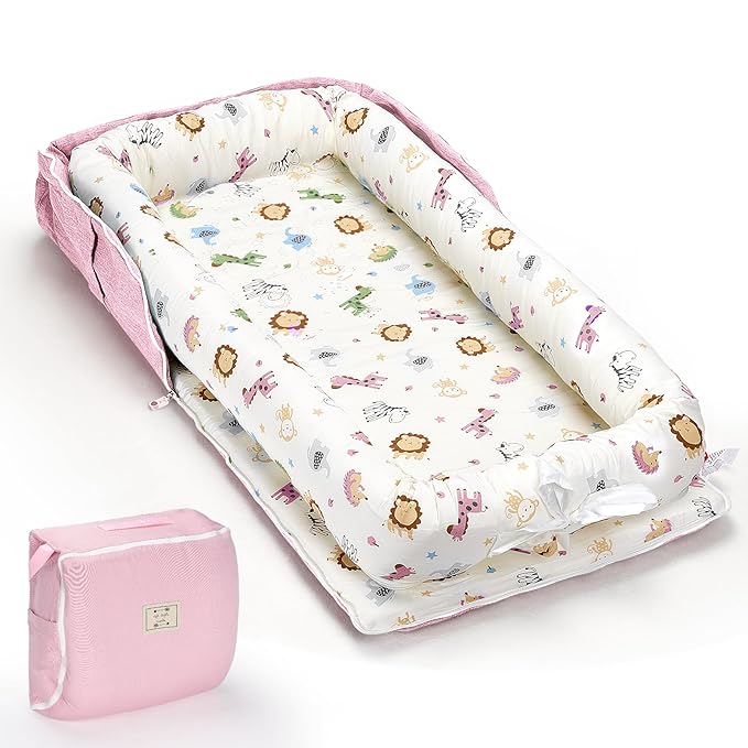 Baby Lounger for Newborn, Portable Infant Lounger for 0-24 Months Newborn, Home Travel Dual-Purpose Baby Nest (Animal World Pink)