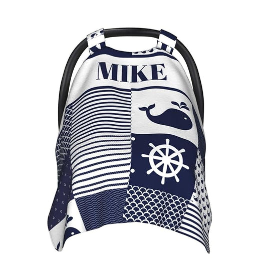 Personalized Baby Car Seat Canopy for Babies, Custom Name Car Seat Covers for Baby Boy, Opening Minky Nursing Breastfeeding Cover for Infant, Carseat Canopies for Newborn (Nautical Sea)
