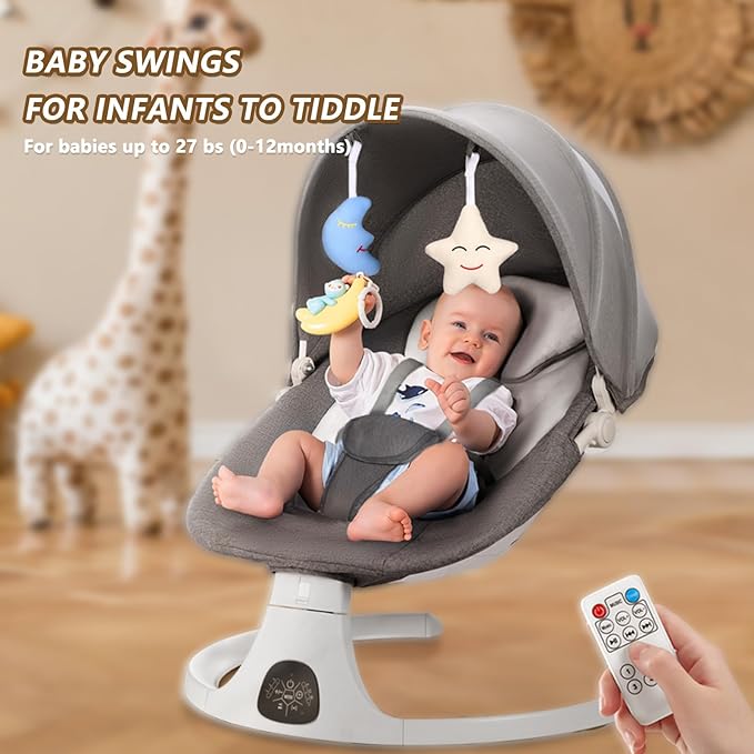 Baby Swing for Infants, Bluetooth Infant Swing with Music Speaker, Bluetooth Touch Screen/Remote Control Timing Function with 5 Speeds, 3 Seat Positions,10 Music, 5 Point Harness Belt