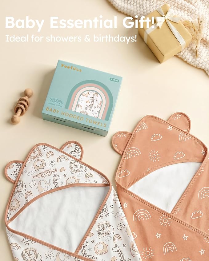 Yoofoss Hooded Baby Towels for Newborn 100% Organic Cotton Baby Bath Towel with Hood for Babies, Infant, Toddler and Kids, 32x32Inch, Soft and Absorbent Newborn Essential
