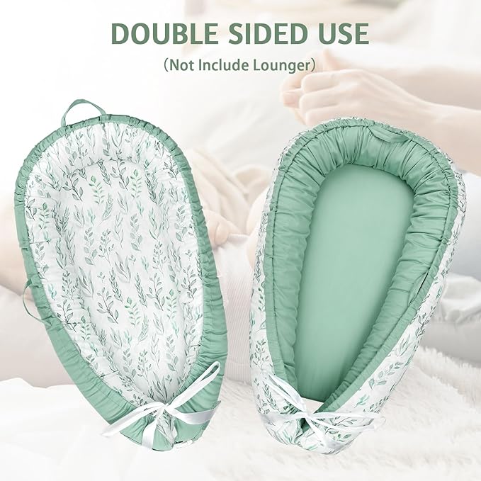 DILIMI Baby Lounger Cover, Cotton Baby Nest Replacement Cover for Girls Boys, Soft Breathable Reversible Newborn Lounger Cover, Green Leaf (Only Cover)