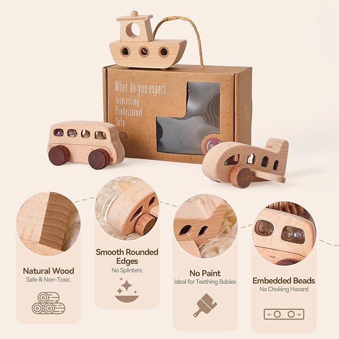 Wooden Cars for Toddlers 1-3, Wooden Vehicles Baby Cars Set with Bus, Airplane and Boat, Montessori Rattle Toys with Rolling Beads, Ideal for Boys and Girls