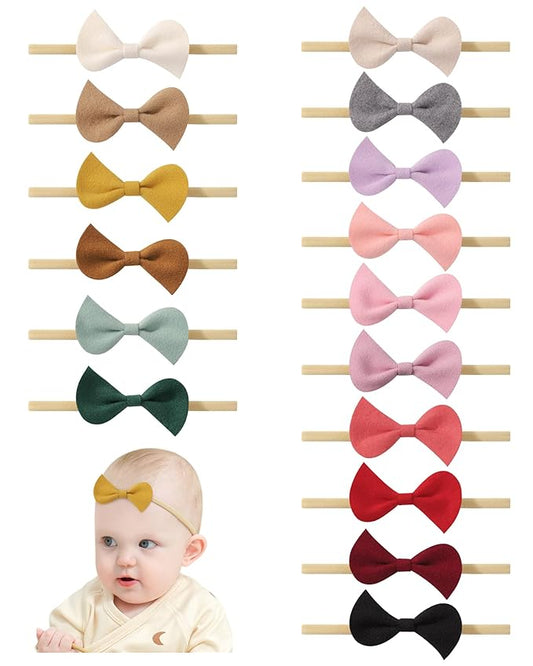 doboi 16PCS Baby Girl Headbands with Bows Baby Hair Bows Nylon Hairbands Handmade Woolen Fabric Hair Accessories for Newborn Infant Toddlers Little Girls and Kids