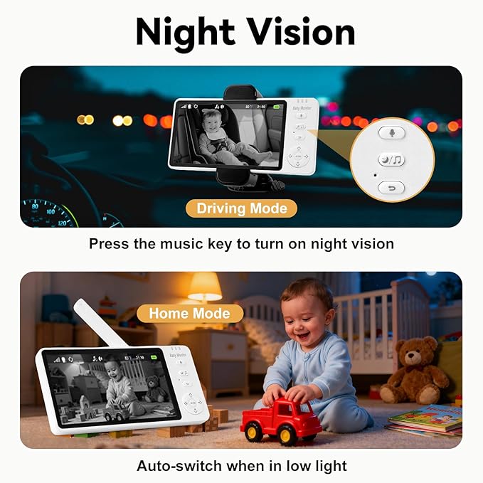 2000mAh Wireless Baby Car Camera 3500mAh Monitor Auto On/Off Car Baby Camera Monitor No Wifi - Carseat Mirror with Brightness Volume Zoom/Night Vision/Temp/Feeding/2-Way Talk/8 Lullaby/Vox