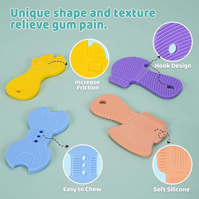 Baby Teething Toys, 4 Pack Silicone Baby Teether Toys with Pacifier Clips, Tool Shape for Babies 0-6 6-12 Months, Multi-Texture Gum Massage Teething Relief, Easy Grip for Newborn Infant Toddler