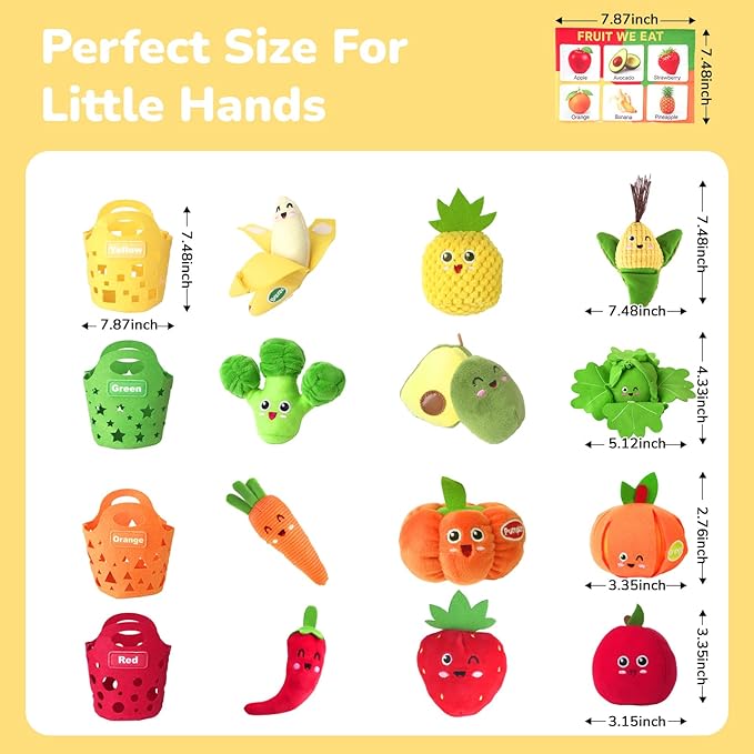 Baby Color Sorting Sensory Toys for 6-12 Months - 17 PCS Fruit Veggie Pretend Play Food Plush Toy for Toddlers 1-3, Montessori Toys for 1 Yeal Old, Boy Girl Birthday Gift Basket Stuffers