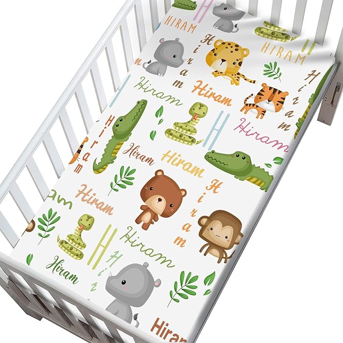 Personalized Mini Crib Fitted Sheet for Baby Boys Girls, Customized Name Multiuse Sheets for Pack & Play, Playard, Playpen, Mini Crib Mattress, Custom Pack and Play Sheets with Name, Cute Animal
