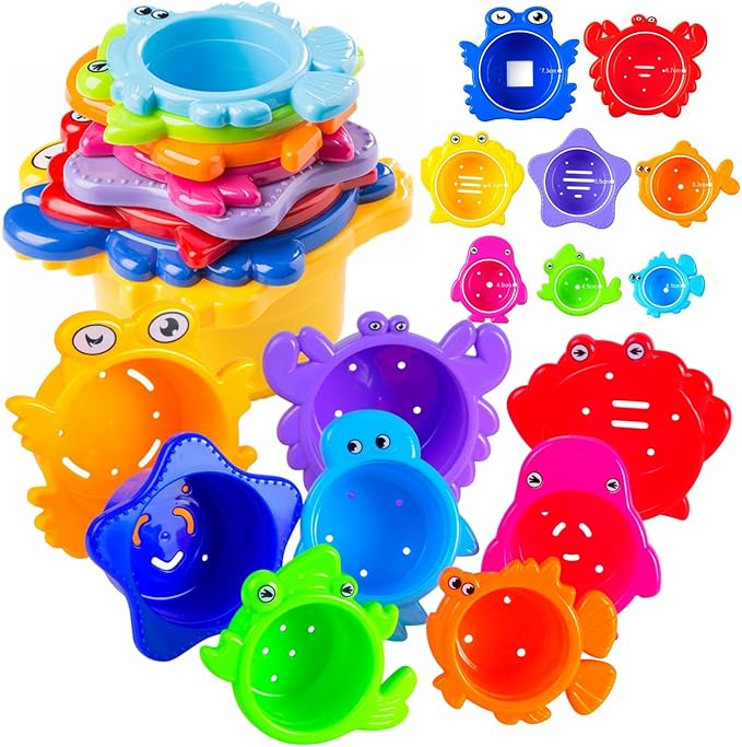 Baby Bath Stacking Cups – 8-Piece Montessori Beach & Bathtub Toy Set for Toddlers – BPA-Free, Easy-Drain, Educational Water Toy for Kids Ages 18 Months+ by Extasticks®