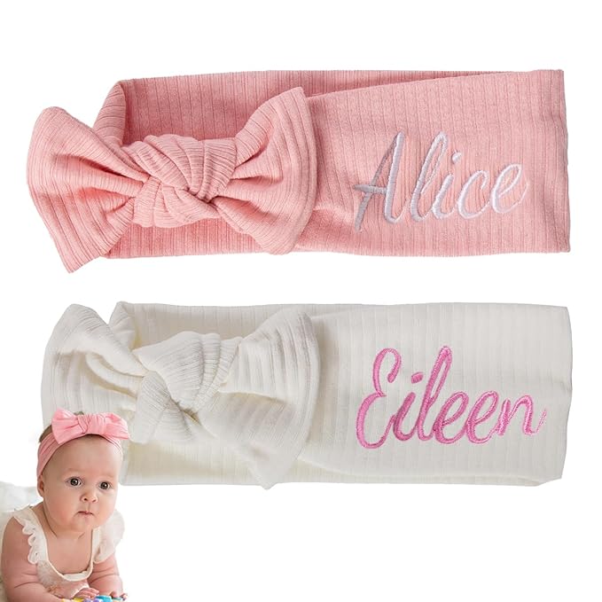 Ulico 2 Pack Personalized Embroidered Headbands with Bow for Custom Named Baby Girls and Newborns