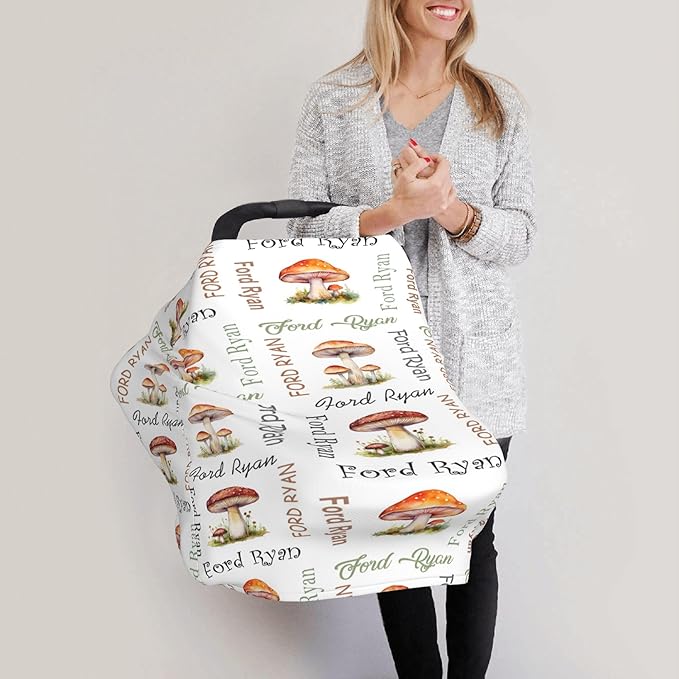 Personalized Car Seat Covers with Name, Mushroom Baby Canopy Carrier Cover, Breathable Breastfeeding Nursing Cover, Stretchy Multi-Use Infant Carseat Stroller Cover
