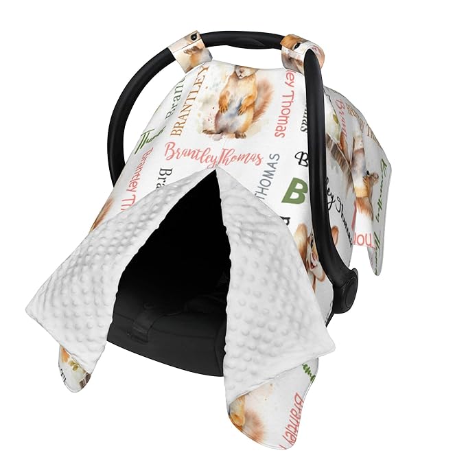 Personalized Winter Baby Car Seat Cover with Name Squirrel Winter Car Seat Cover for Baby Seat or Stroller Custom Infant Car Seat Covers Minky Blankets Nursing Cover Breastfeeding Scarf