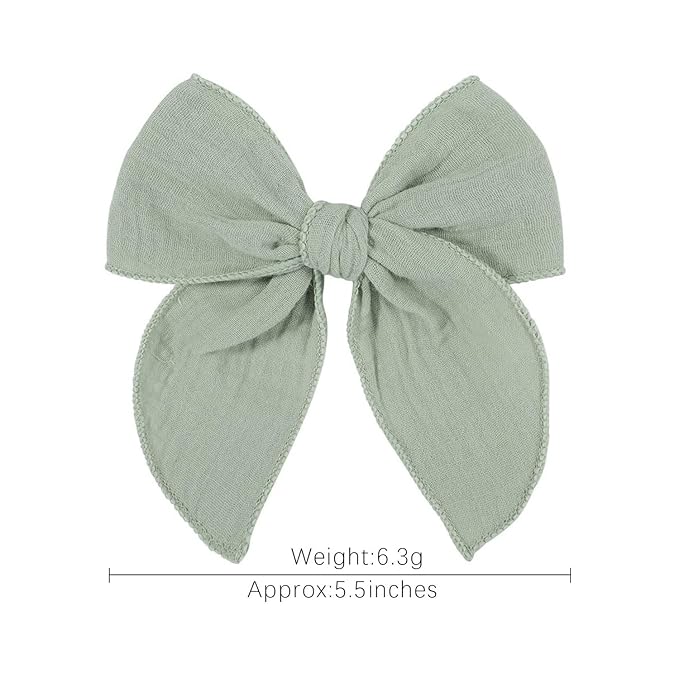 5.5 Inch Light Green Fable Hair Bow: Handmade Linen Cotton Hair Clip for Girls - 1 PCS