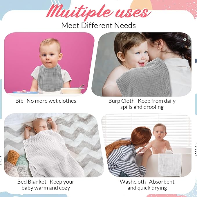 Hahafelt 6 Pcs Muslin Hooded Bath Towels Washcloths and Bibs Set, Muslin Cotton Baby Towels Absorbent Hooded Blanket Towel Infant Bibs for Boys Girls Newborn Infant Essential(White, Light Gray)