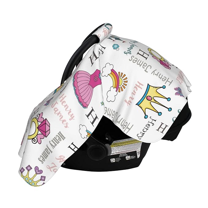 Personalized Car Seat Covers for Babies Custom Name Car Seat Canopy for Newborn Baby Boys Girls 2 in 1 Mom Nursing Breastfeeding Covers Princess Minky Baby Carrier Covers with Peekaboo Opening