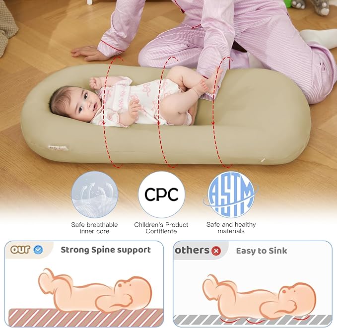 Lucakuins Infant Support Cushion, 0-24 Months Newborn Baby Support Cushion with Cover, Portable Playing Time Mat for Home and Travel, Soft Cotton, Supervised Use, Baby Essentials Gift (Apricot)