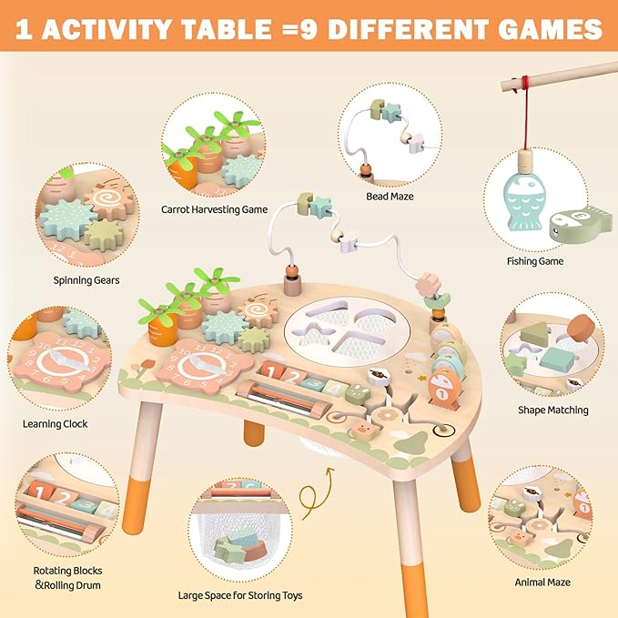 Weilim Activity Table, 9-in-1 Wooden Montessori Toy Activity Center with Shape Sorter Fishing Game Bead Maze, Baby Play Table Sensory Educational Toys for Toddler