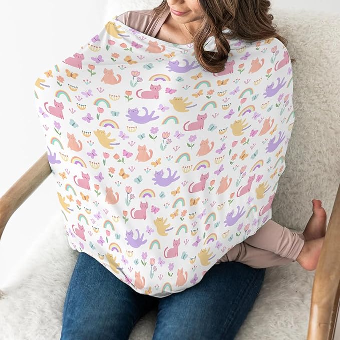 Colorful Cats Rainbow Flowers Baby Car Seat Covers Rainbow Cats Butterflies Stretchy 5-in-1 Cover Adjustable Infant Carseat Canopy Cover Cats Lover Gift Breathable Nursing Cover-Up
