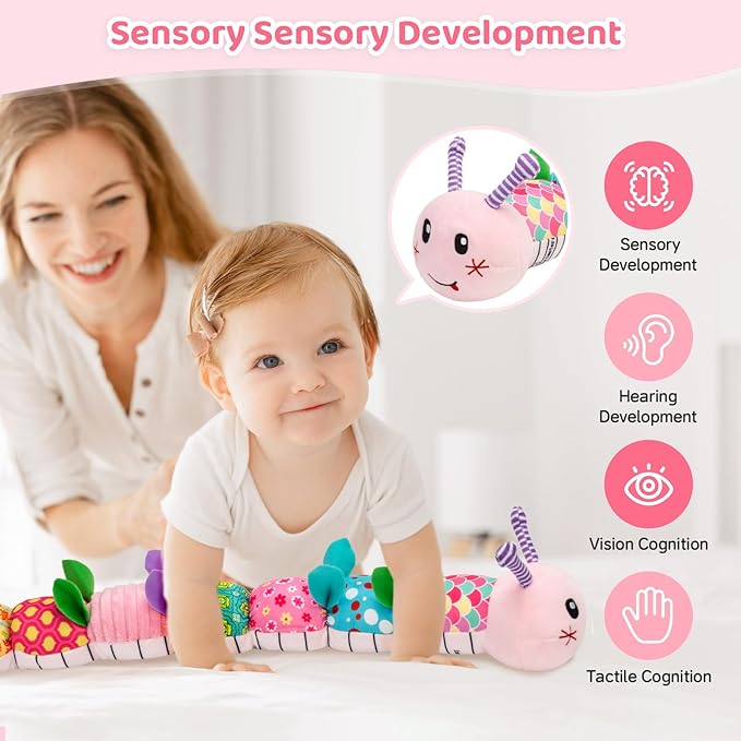 Baby Toys 0-12 Months, Caterpillar Musical Plush Stuffed Toy for Infant, Animal Soft Rattle Sensory Toys with Teether for Tummy Time, Newborn Boy& Girl Shower Birthday Christmas Valentines Gift