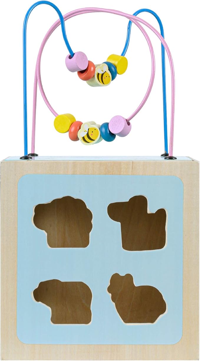 Teamson Kids Preschool Play Lab 4-in-1 Large Wooden Activity Cube Bead Maze Animal Sorter for Kids Baby Toys, Natural