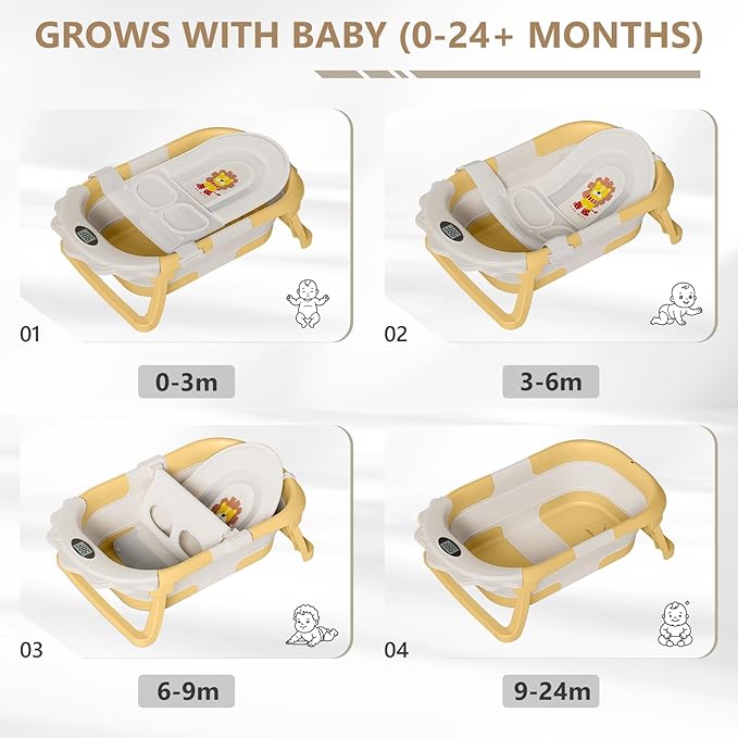 MoreFeel Foldable Baby Bathtub with Thermometer - 4-in-1 Grow-with-Me Collapsible Infant Tub (Newborn to Toddler) with Adjustable Mesh Sling - Space Saving Design