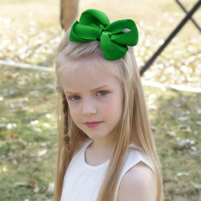 Oaoleer 8PCS Hair Bows for Girls Green Grosgrain Ribbon Boutique Bow Alligator Clips Hair Accessories for Toddlers Little Girls Kids (8inch, 6inch, 4.5inch, 3inch in Pair)