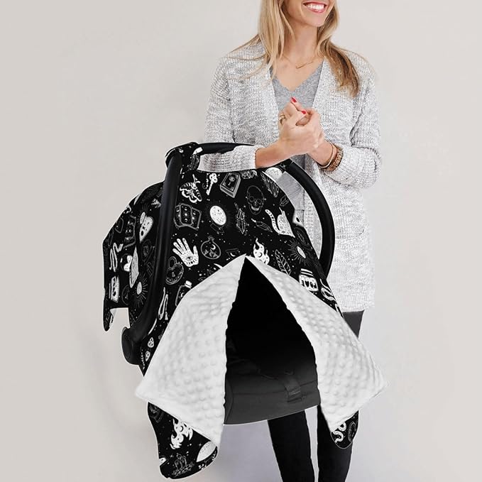 Goth Carseat Covers Baby, Gothic Winter Carseat Cover for Baby, Minky Baby Car Seat Cover for Boy & Girl, Peekaboo Opening Car Seat Canopy for Newborn, Multi Use Mom Nursing Cover, Gothic