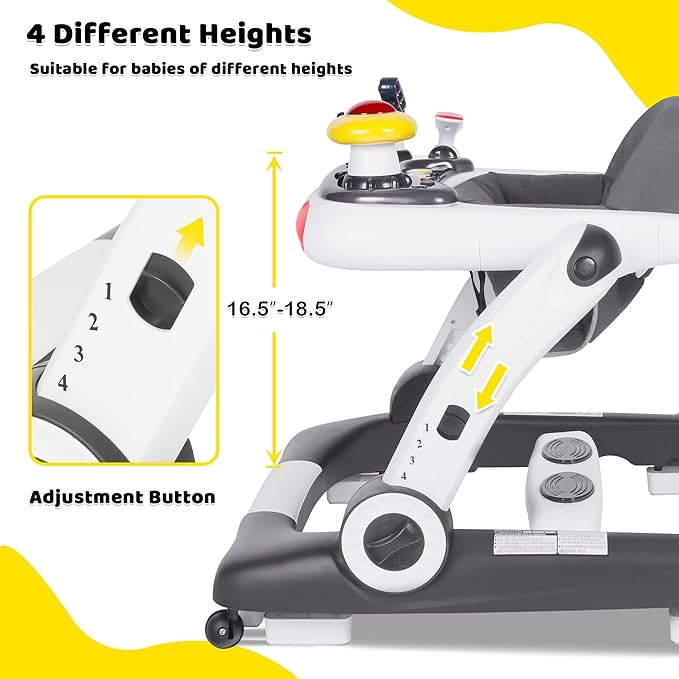 TODEFULL 6 in 1 Baby Walker, Baby Activity Walker for Toddler, Push Walker w/Adjustable Height Speed, Learning-Seated & Walk-Behind, Infant Walker w/Feeding Tray & Music Toys, Grey