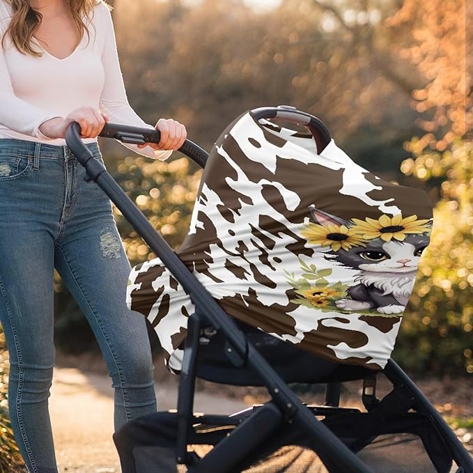 Cow Cat Baby Car Seat Cover Durable Washable Breastfeeding Scarf Dust Cover Privacy Protection Lightweight Durable Multi-Purpose Car Seat Canopy Cover