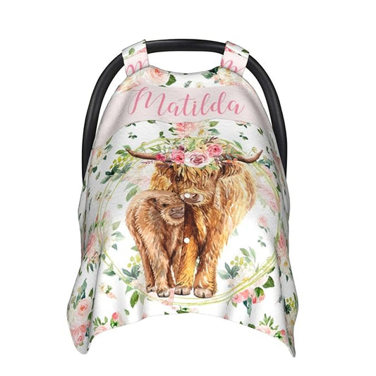 Personalized Baby Car Seat Canopy for Babies with Name, Custom Floral Cow Stroller Car Seat Covers for Girls, Minky Nursing Carseat Cover for Breastfeeding, Car Seat Canopies for Newborn