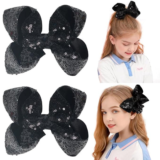 6 Inch Black Sparkly Glitter Sequin Hair Bows for Girls Toddlers Kids Children Teenage (2PCS)