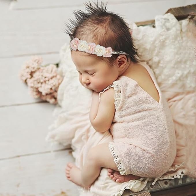 Baby Girl Flower Headbands Set, 3pcs Elastic Nylon Floral Hair Band, Bows Wrap for Infant Newborn Toddler