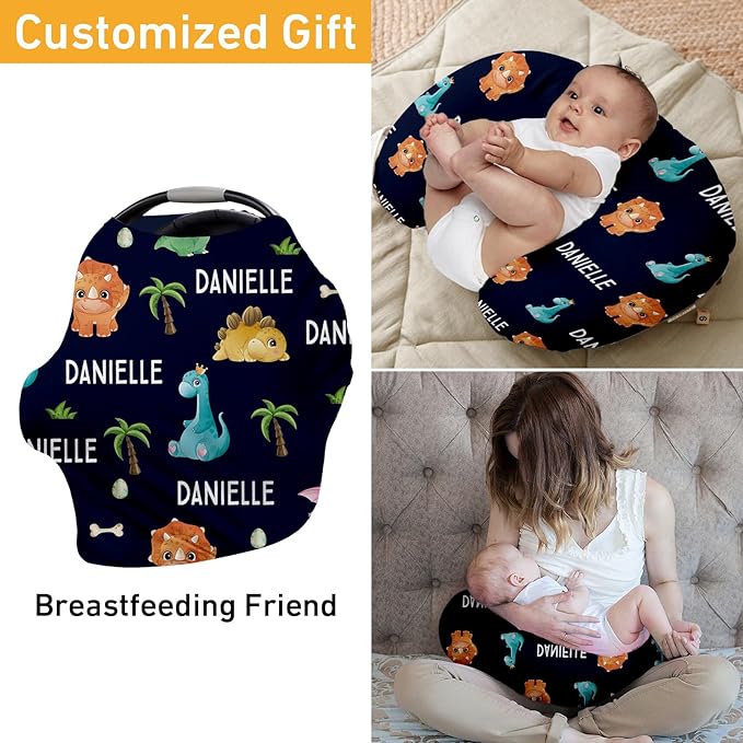 Custom Name Car Seat Canopy - Baby Car Seat Covers, Infant Stroller Cover, Royal Blue Dinosaur Print Carseat Canopy Christmas Birthday Gifts for Girls and Boys(27"x29")