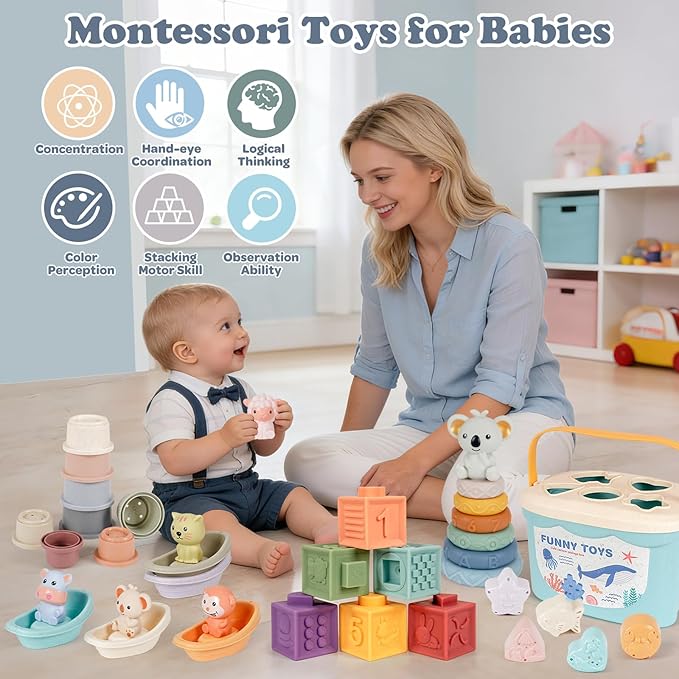 Montessori Baby Toys for Infants 6-18 Months, Shape Sorter for Toddler 6–12 Months, Sorting Stacking Toy for Fine Motor Skills, Sensory Learning Set with Stacking Rings for Babies Birthday Gift（Blue）