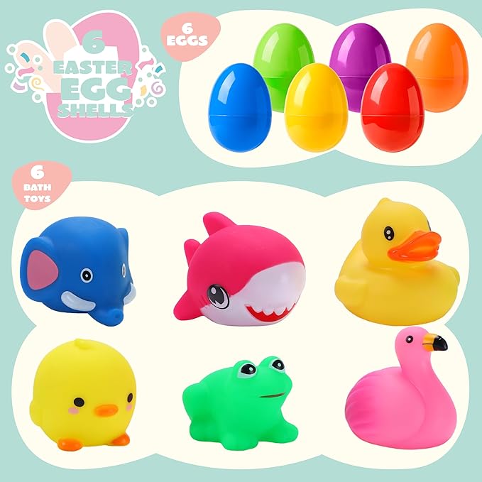 JOYIN 6 Pcs Prefilled Easter Eggs with Floating Animal Light-up Bath Toys, Luminous Bathtub Toys for Kids Easter Eggs Hunt, Toddler Party Favor, Basket Stuffers Filler, Classroom Prize Supplies
