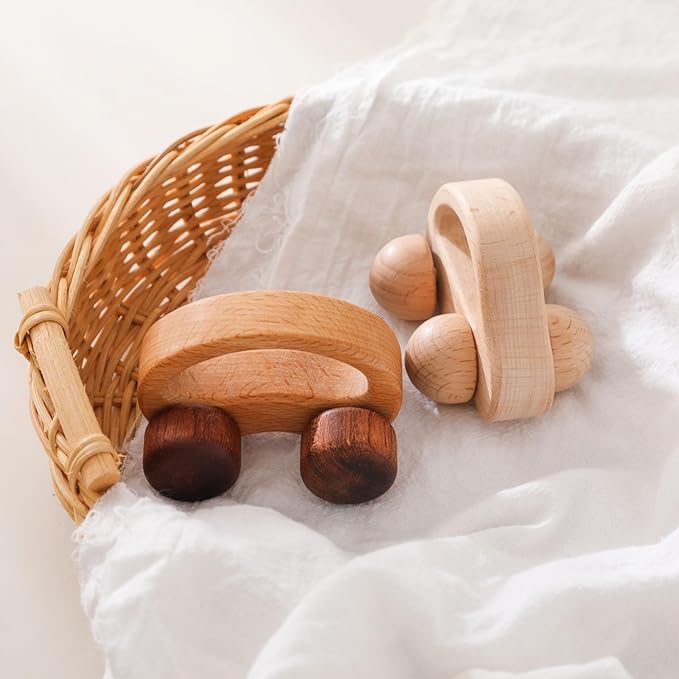 Wooden Baby Car Toys,Wood Push Car for Toddler Montessori Baby Grip Toy Car,Gifts for Boys and Girls,Push and Pull Toy Car 2 Pieces