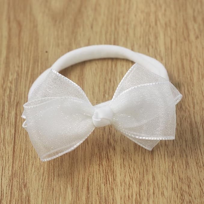 Nihao Baby Baptism Headband for Baby Girl Christening Newborn girl White Headbands with Bows 2 PCS