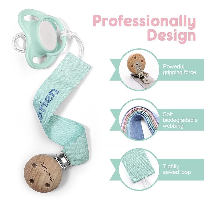 Personalized Pacifier Clip with Name, Customized Soft Webbing Binky Holder for Boys and Girls, Neutral Pacifier Holder Universally Fit All Pacifiers Style, 2 Pack(Pink, Green)