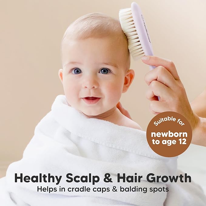 Wooden Baby Hair Brush for Toddler Girls, Boys - Cradle Cap Brush for Babies, Soft Goat Bristles, Perfect Gentle Scalp Newborn Comb for Infant, Girls, Boys, Bath Essentials (Thistle, Regular)